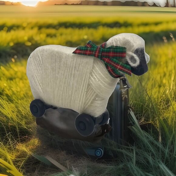 Primitive Wooly Lamb Sheep Holiday Figurine on Wheels Wood Body Bell Bow Vintage - Picture 2 of 15
